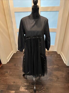 N By Nancy Black Women's Long Sleeve Tulle-Trim Midi Dress